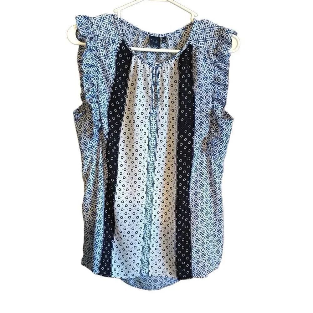 Kaari Blue sleeveless top blouse size Large blue ruffles sleeveless